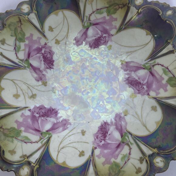 Vintage Hand-Painted Floral Porcelain Plate Pink Roses Scalloped Edge Iridescent - Picture 6 of 13